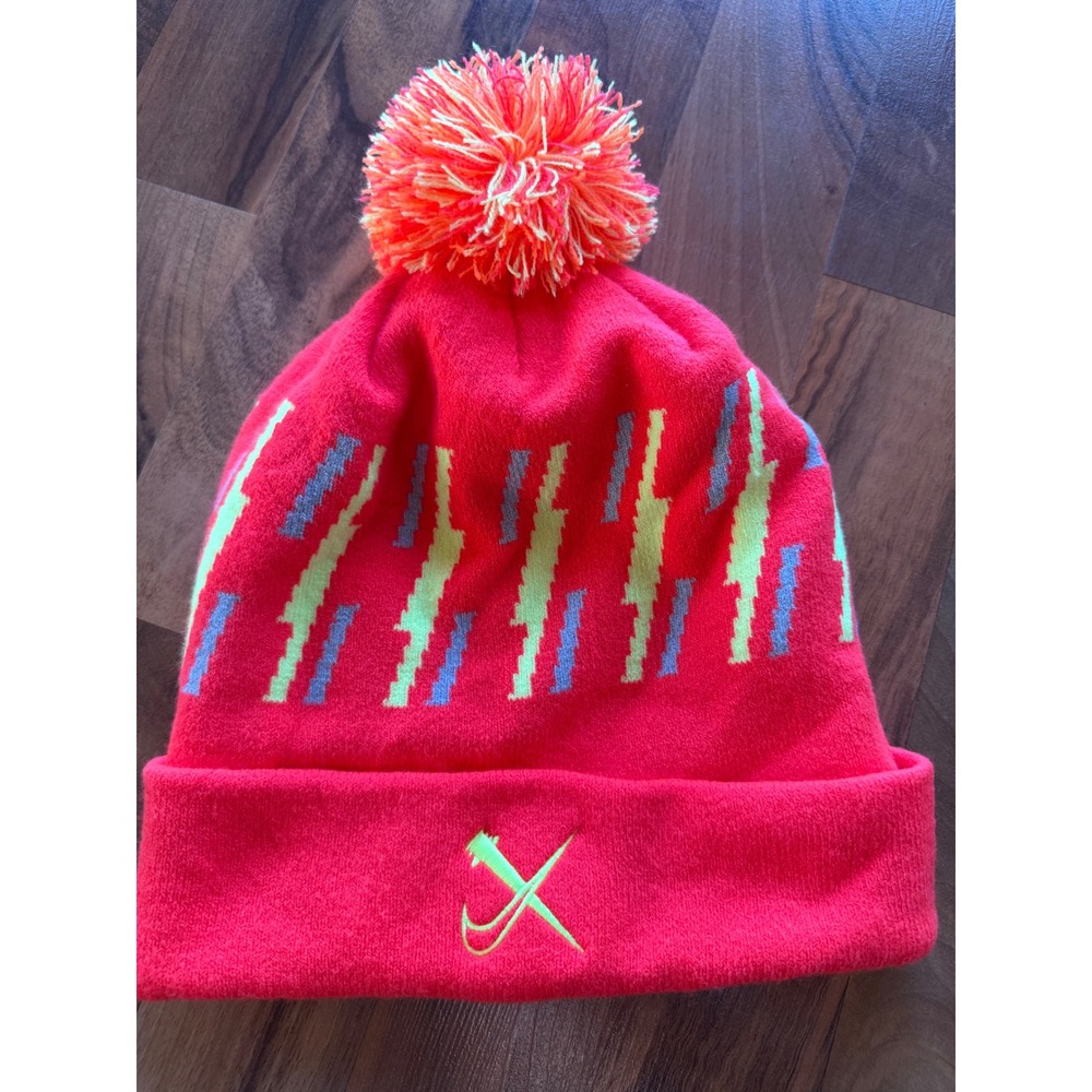 Nike‎ Cross Regionals Beanie Red Neon Green Pom Pom Knit Hat NXN Running OSFM